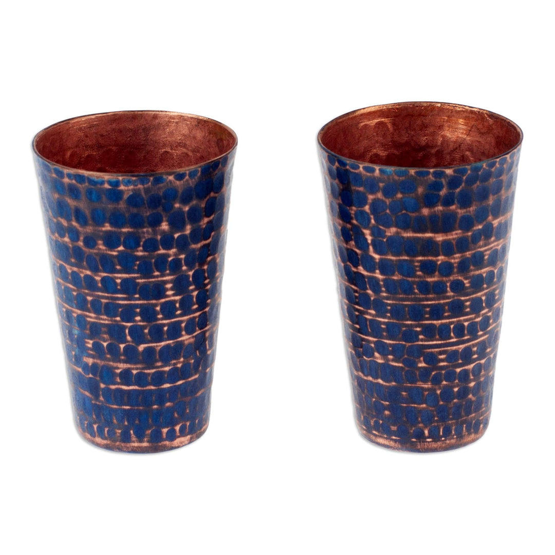 2 Blue Hammered Oxidized Recycled Copper Tequila Cups - Cheers in Blue