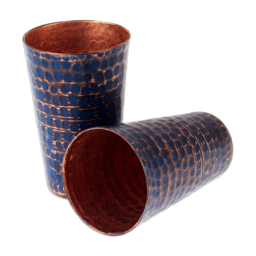 2 Blue Hammered Oxidized Recycled Copper Tequila Cups - Cheers in Blue