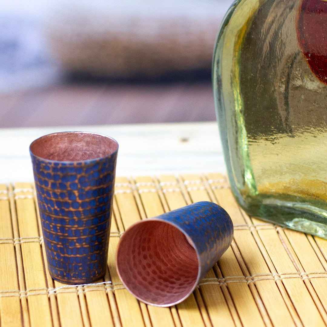 2 Blue Hammered Oxidized Recycled Copper Tequila Cups - Cheers in Blue
