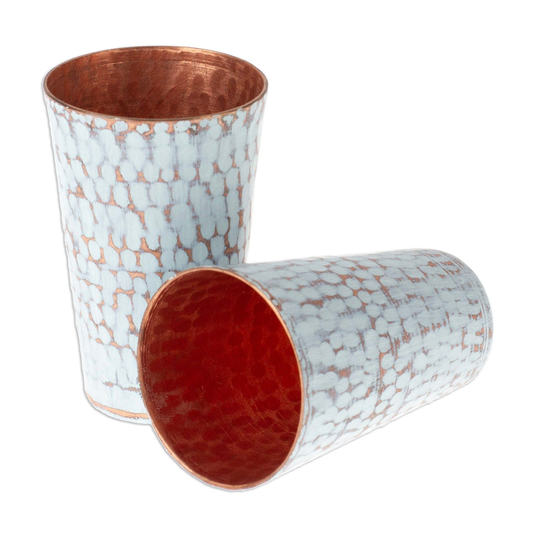 2 White Hammered Oxidized Recycled Copper Tequila Cups - Tasting in White