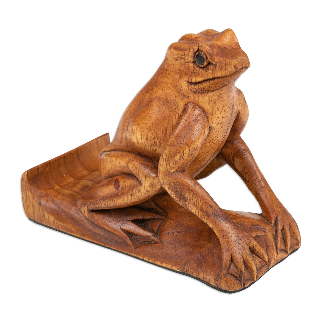 Balinese Handcrafted Frog-Themed Jempinis Wood Phone Stand - Pensive Frog