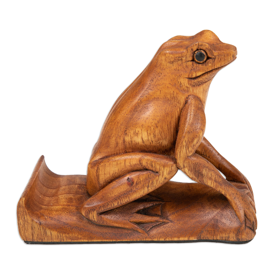 Balinese Handcrafted Frog-Themed Jempinis Wood Phone Stand - Pensive Frog