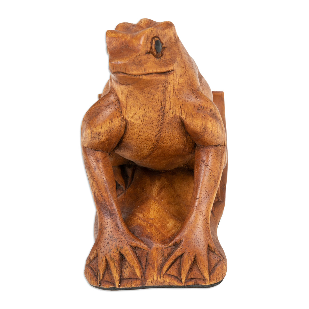Balinese Handcrafted Frog-Themed Jempinis Wood Phone Stand - Pensive Frog