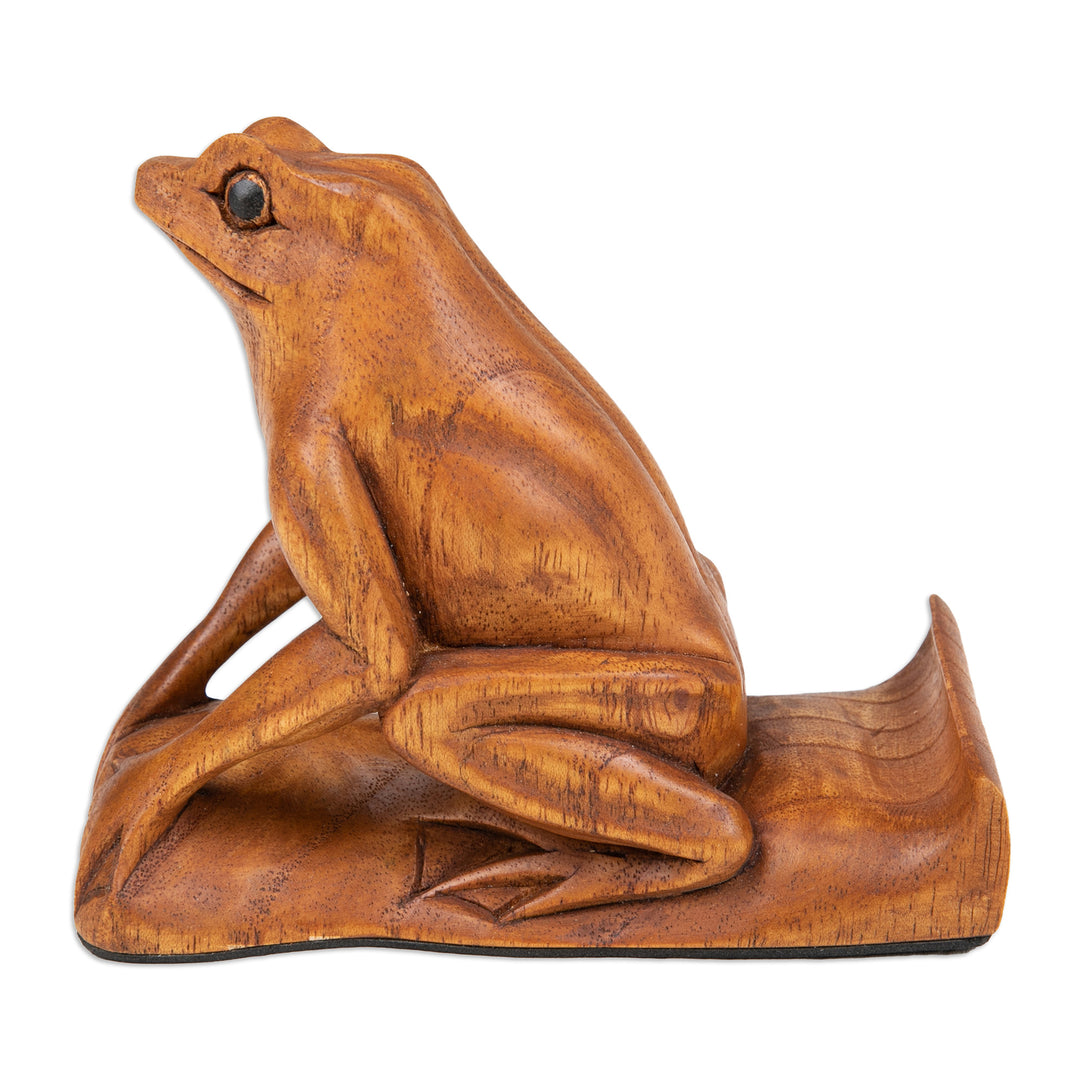 Balinese Handcrafted Frog-Themed Jempinis Wood Phone Stand - Pensive Frog