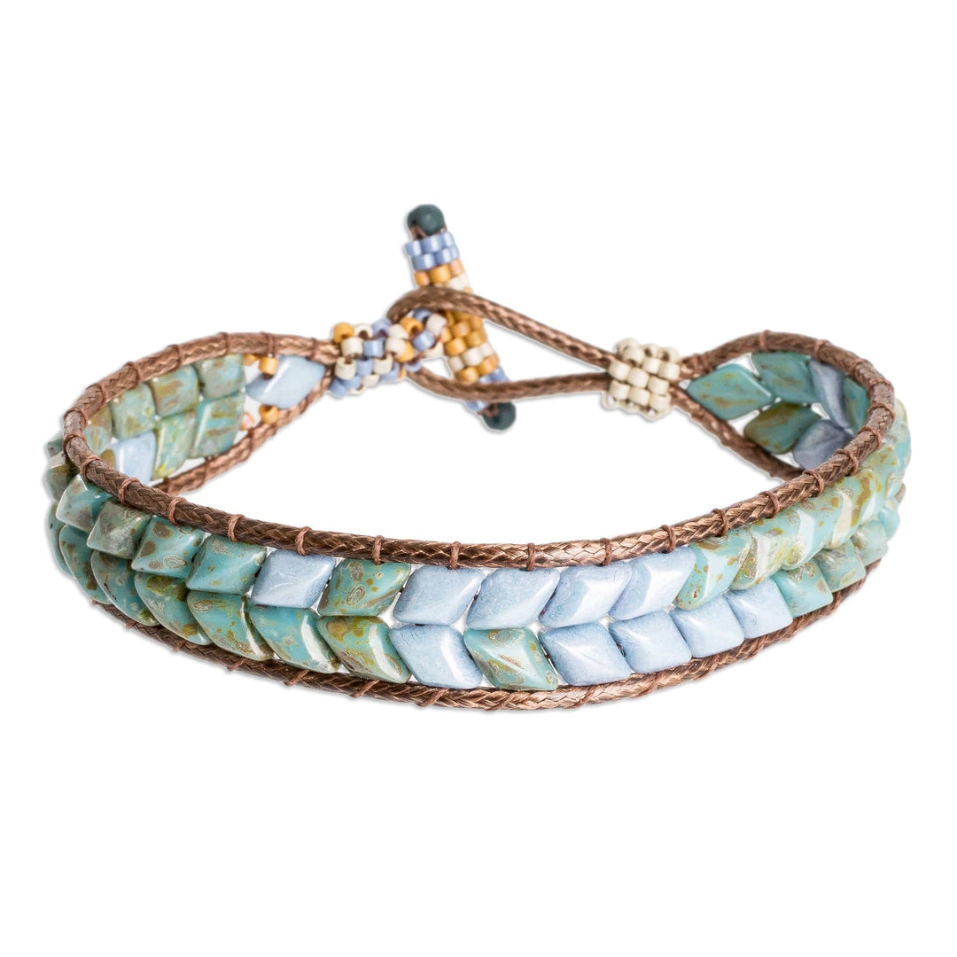 Handcrafted Blue and Green Glass Beaded Wristband Bracelet - Celestial Current