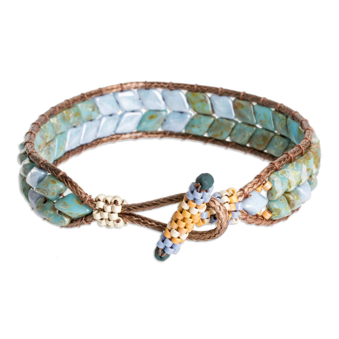 Handcrafted Blue and Green Glass Beaded Wristband Bracelet - Celestial Current