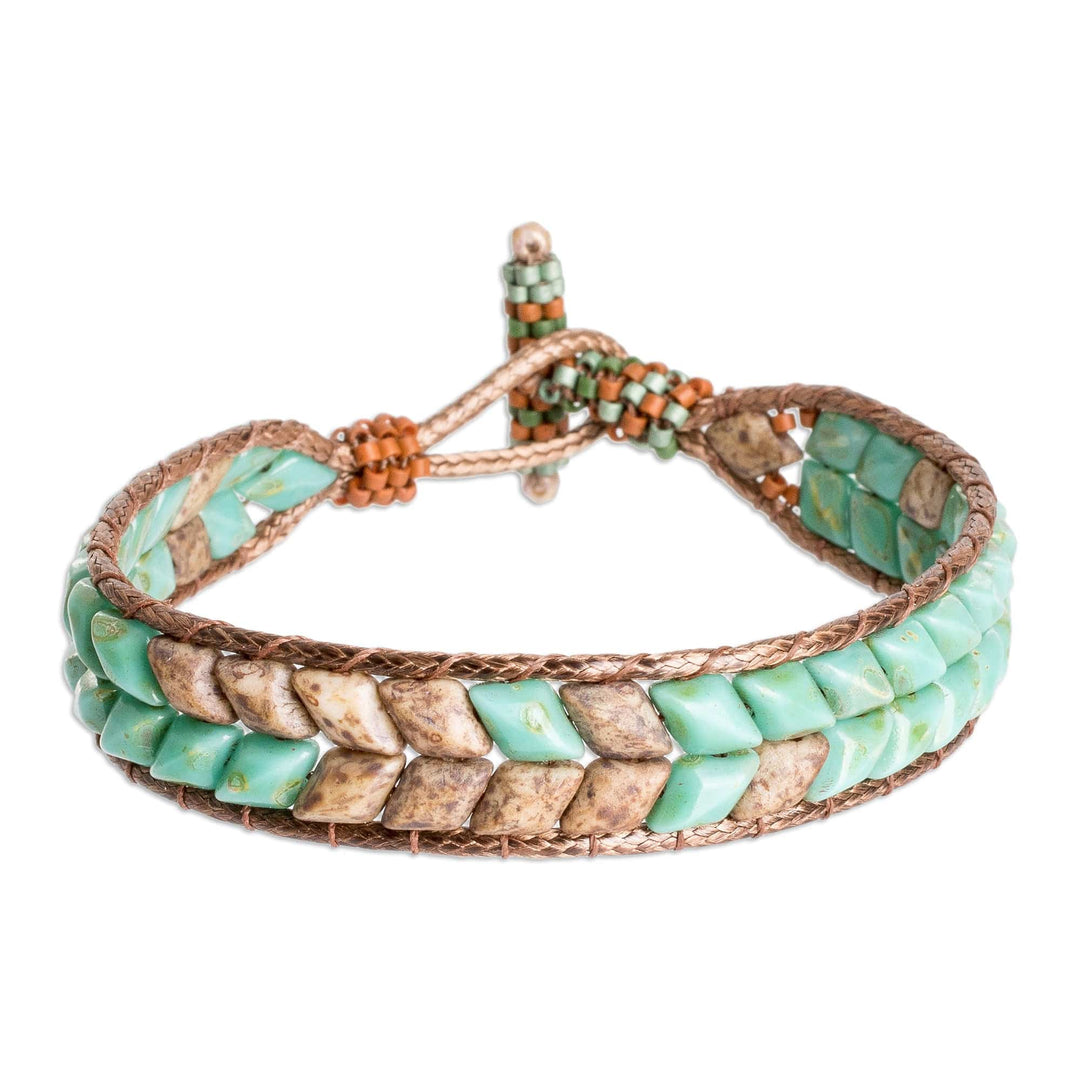 Handcrafted Green and Brown Glass Beaded Wristband Bracelet - Paradisial Current