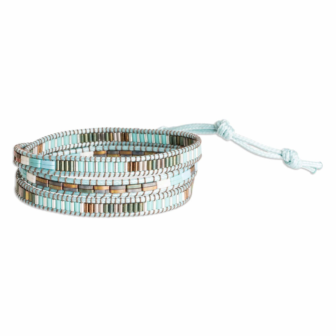Handcrafted Sky Blue and Brown Glass Beaded Wrap Bracelet - San Cristobal in Heaven