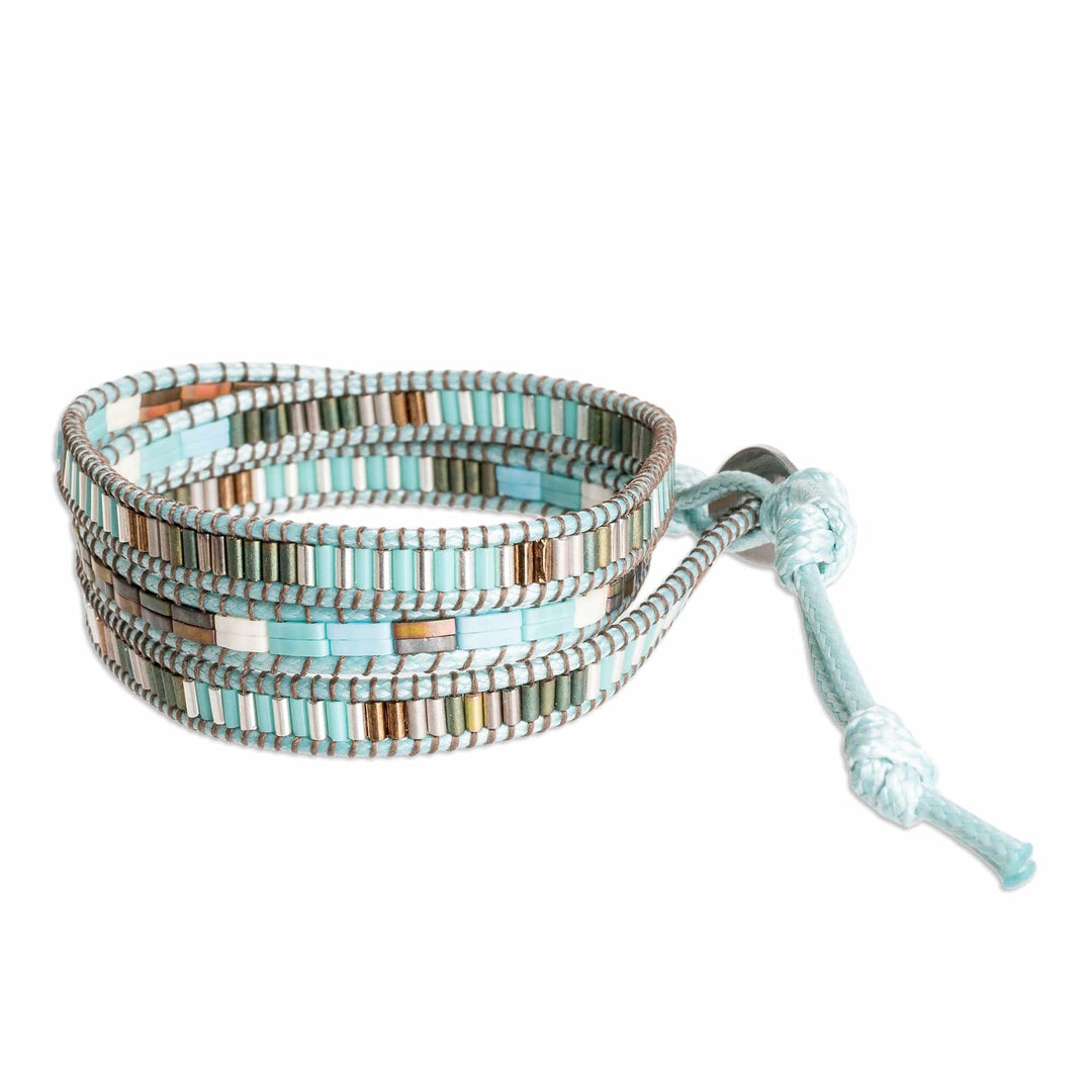 Handcrafted Sky Blue and Brown Glass Beaded Wrap Bracelet - San Cristobal in Heaven