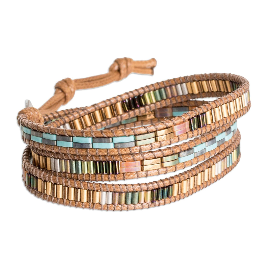 Handcrafted Brown and Blue Glass Beaded Wrap Bracelet - San Cristobal in Autumn