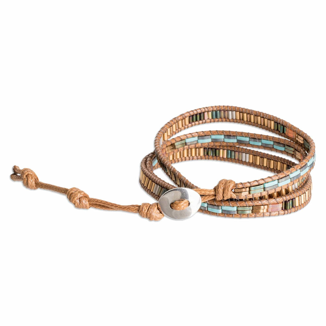 Handcrafted Brown and Blue Glass Beaded Wrap Bracelet - San Cristobal in Autumn