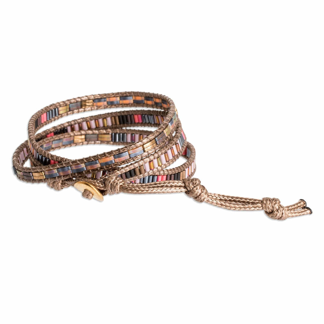 Glass Beaded Wrap Bracelet with Tibetan-Style Pewter Button - Earthy Chic