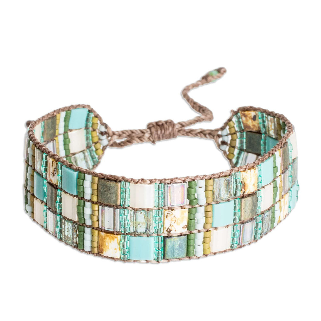 Adjustable Green Aqua Mosaic Glass Beaded Wristband Bracelet - Magical Mosaic
