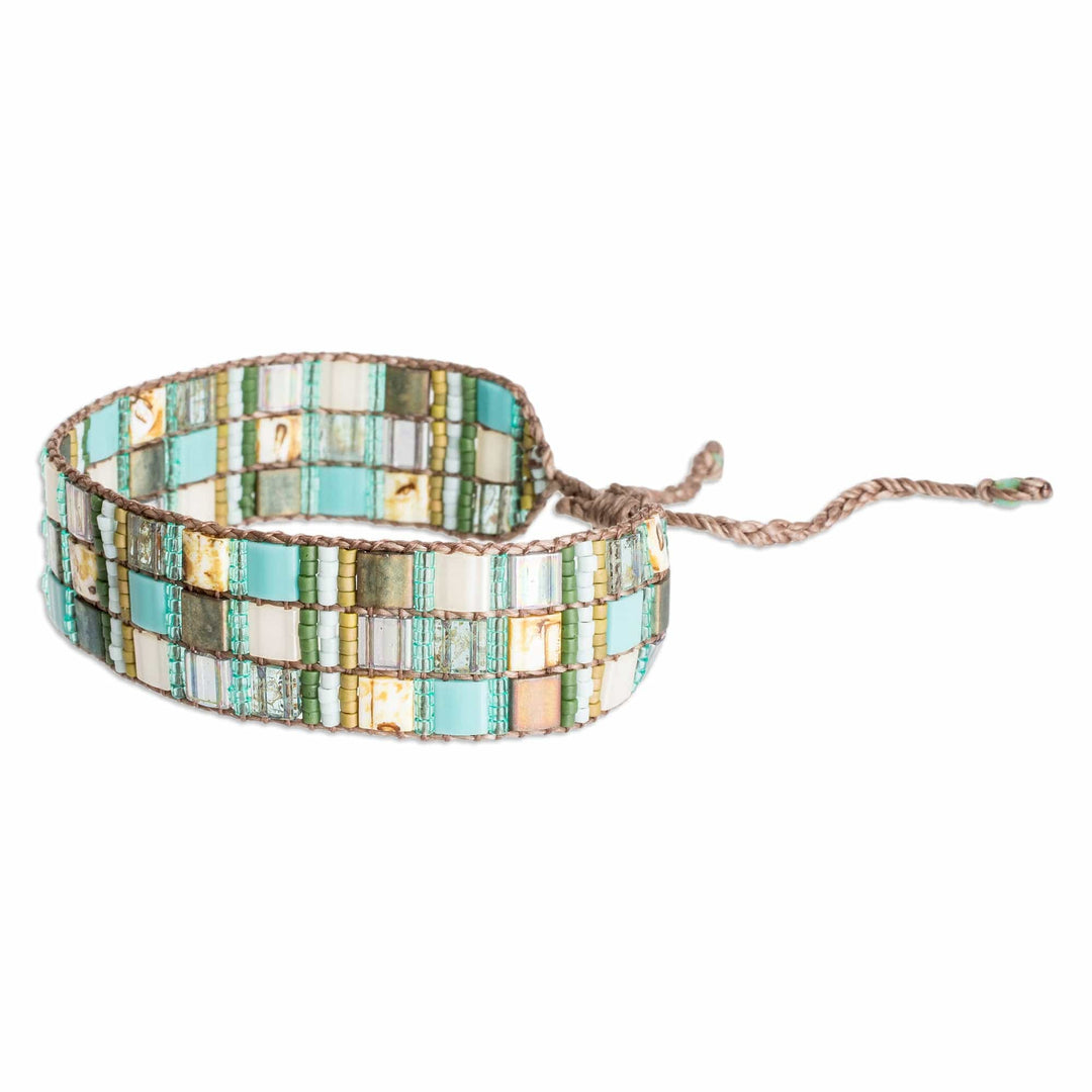 Adjustable Green Aqua Mosaic Glass Beaded Wristband Bracelet - Magical Mosaic