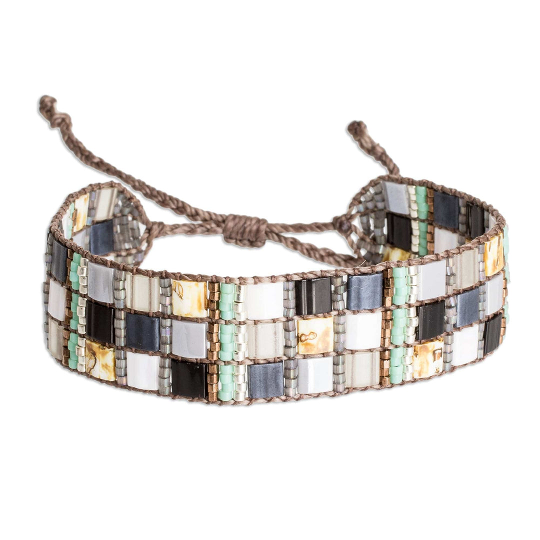 Adjustable Black Grey Mosaic Glass Beaded Wristband Bracelet - Regal Reflections
