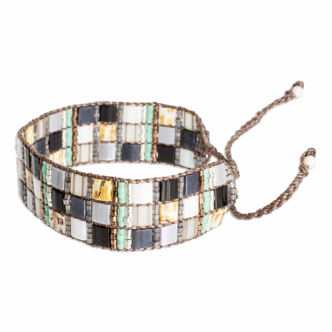Adjustable Black Grey Mosaic Glass Beaded Wristband Bracelet - Regal Reflections