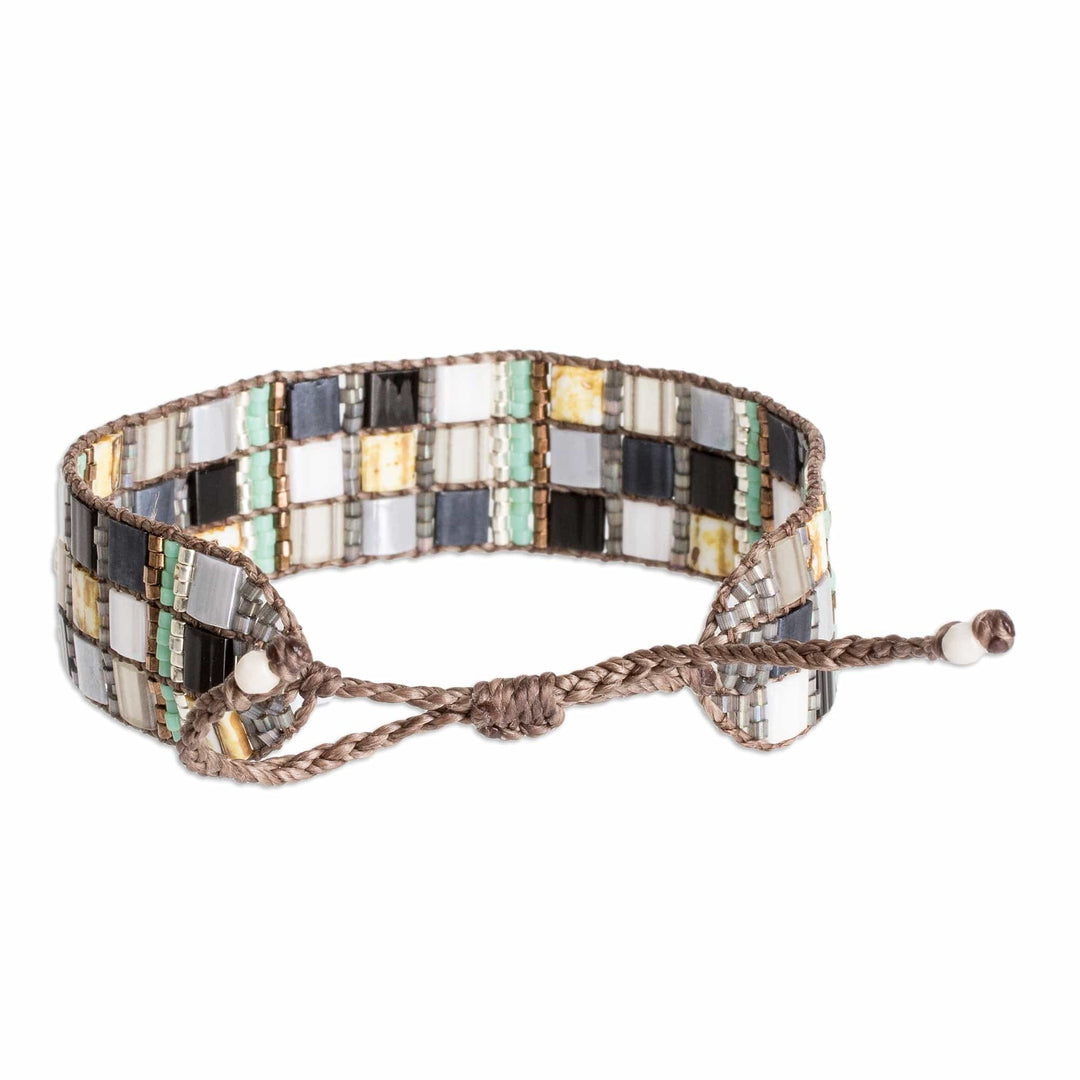 Adjustable Black Grey Mosaic Glass Beaded Wristband Bracelet - Regal Reflections