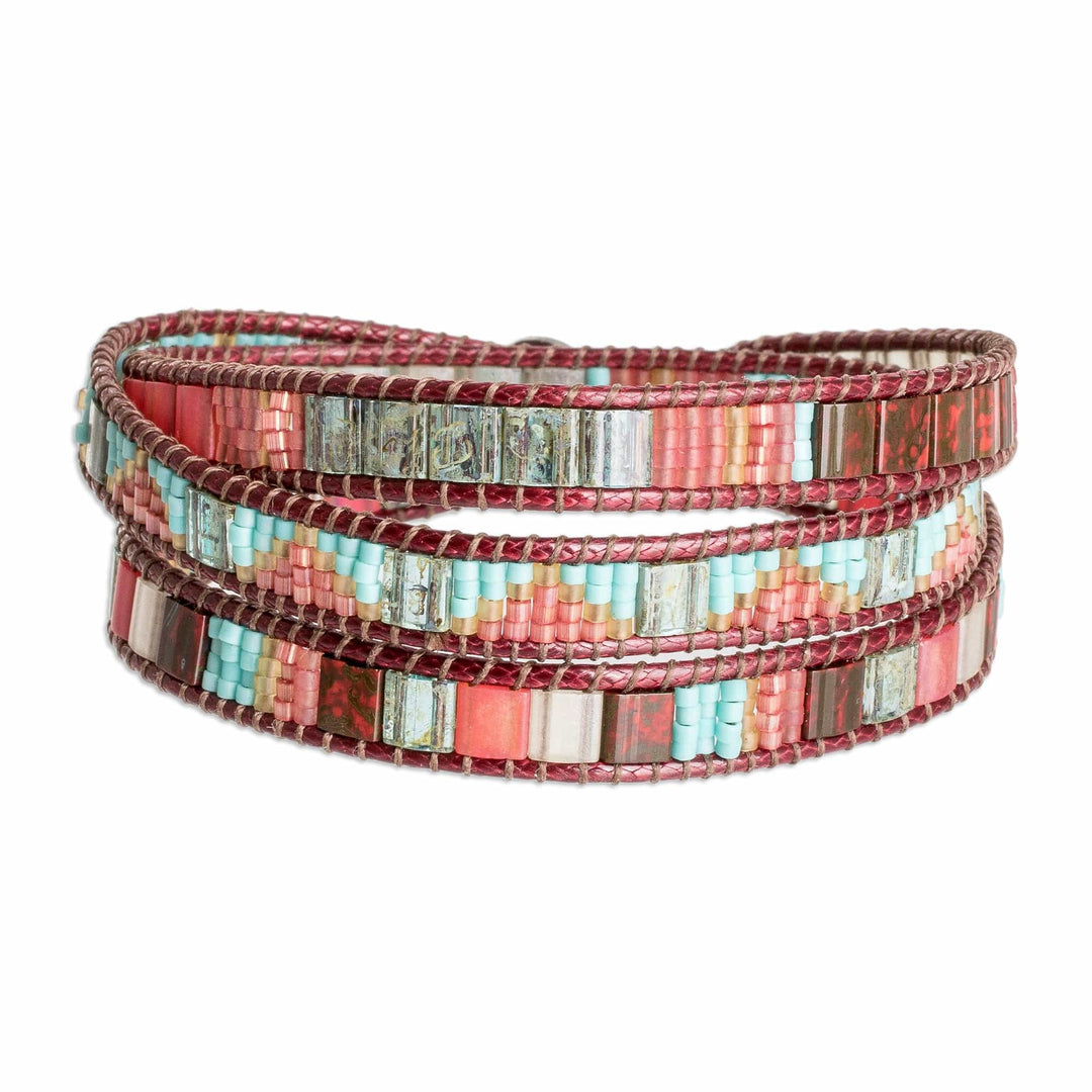 Handcrafted Glass Beaded Wrap Bracelet in Burgundy - Santa Fe in Burgundy