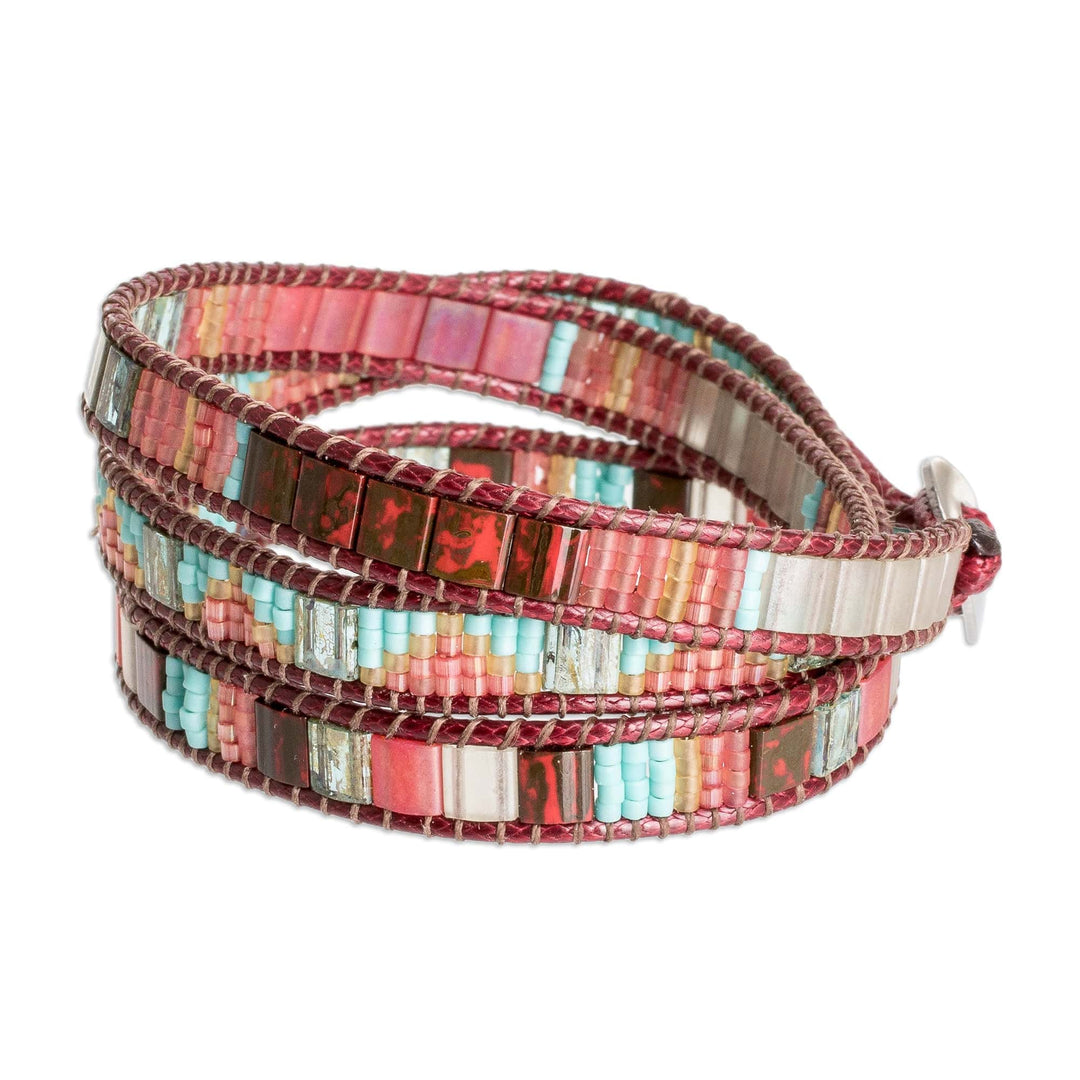 Handcrafted Glass Beaded Wrap Bracelet in Burgundy - Santa Fe in Burgundy