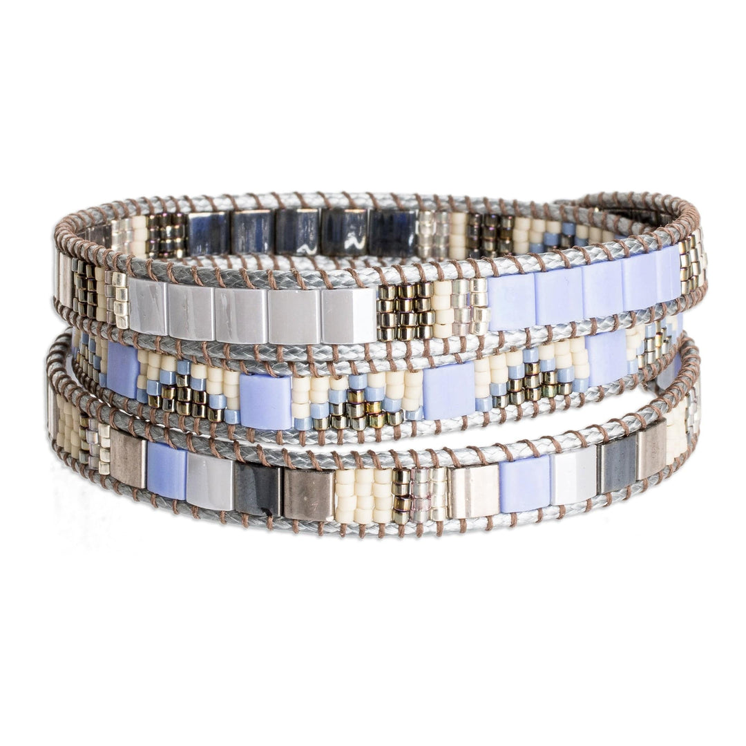 Handcrafted Grey Blue Beige Glass Beaded Wrap Bracelet - Santa Fe in Grey