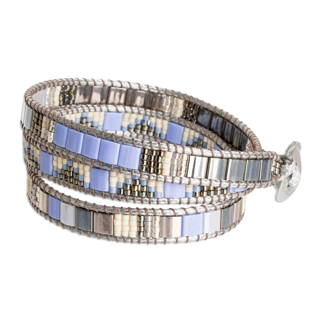 Handcrafted Grey Blue Beige Glass Beaded Wrap Bracelet - Santa Fe in Grey
