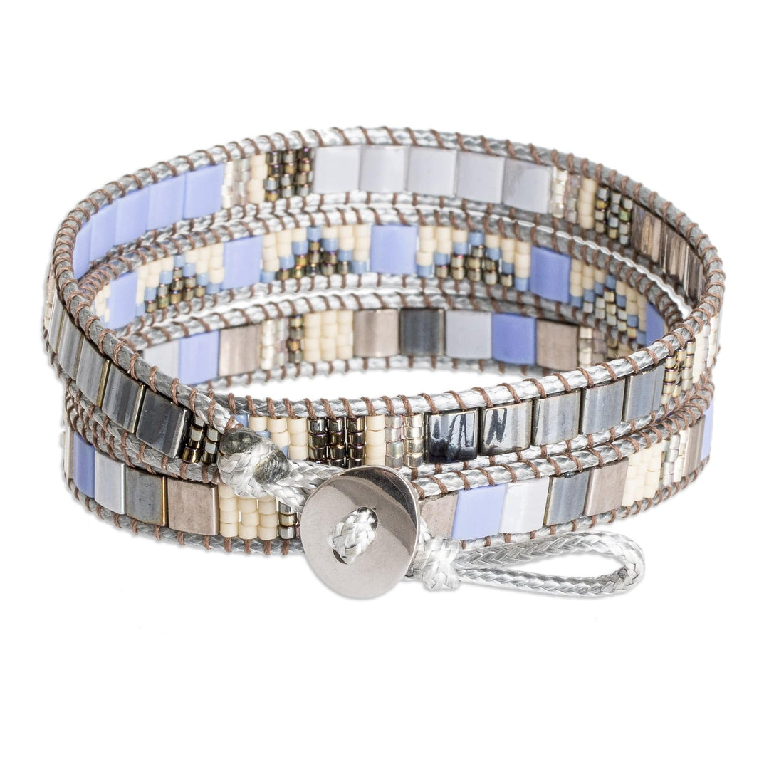 Handcrafted Grey Blue Beige Glass Beaded Wrap Bracelet - Santa Fe in Grey