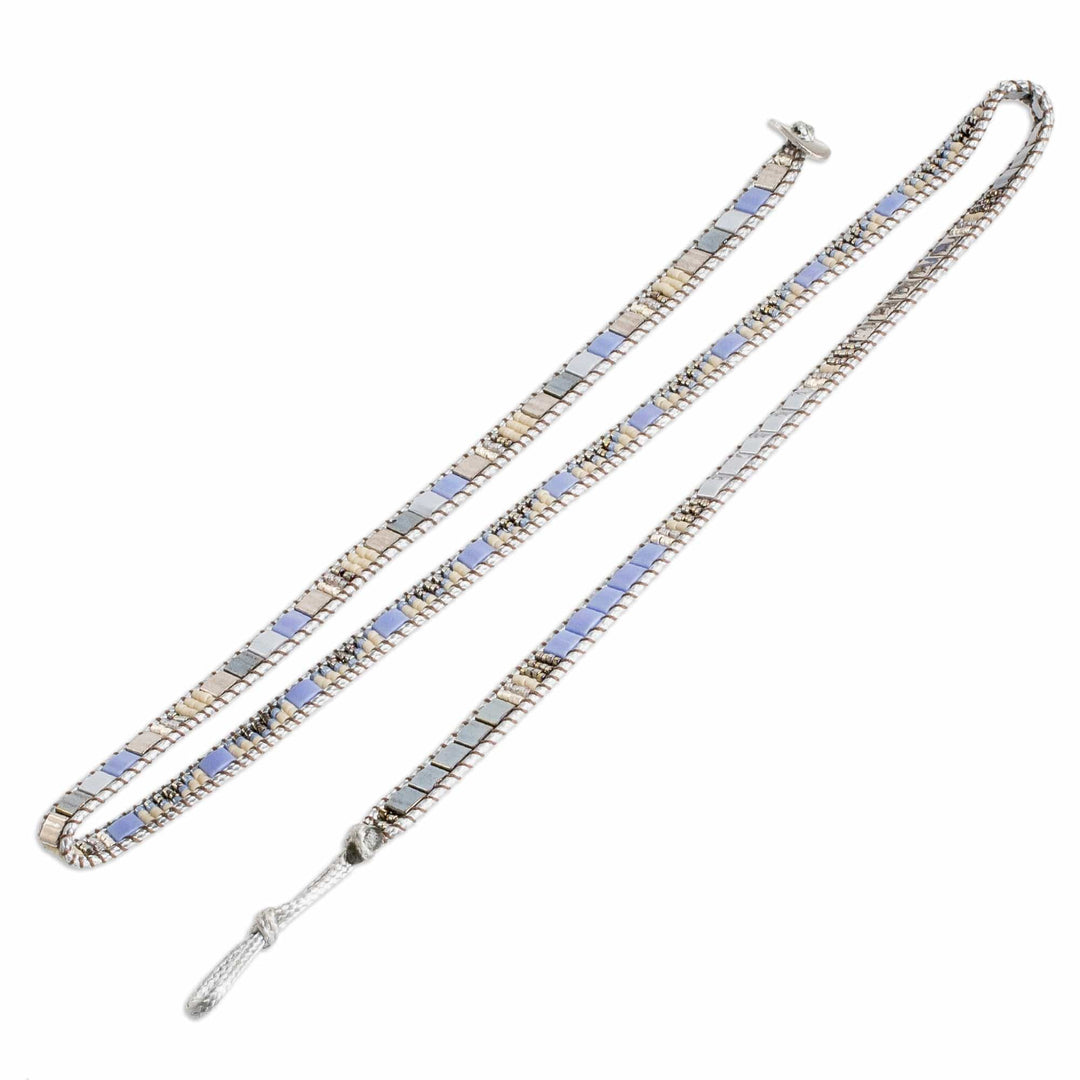 Handcrafted Grey Blue Beige Glass Beaded Wrap Bracelet - Santa Fe in Grey
