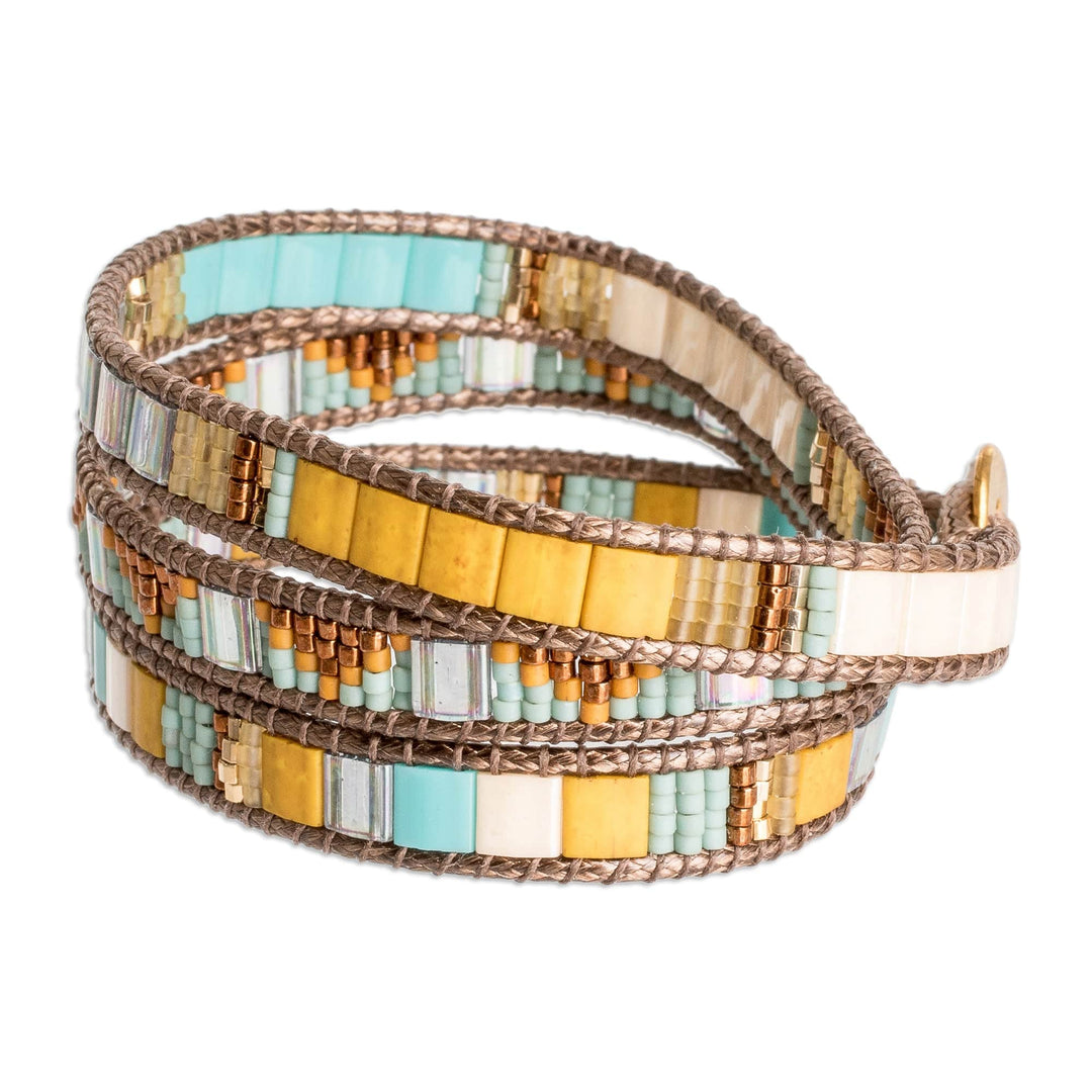 Handcrafted Brown Yellow Aqua Glass Beaded Wrap Bracelet - Santa Fe in Brown