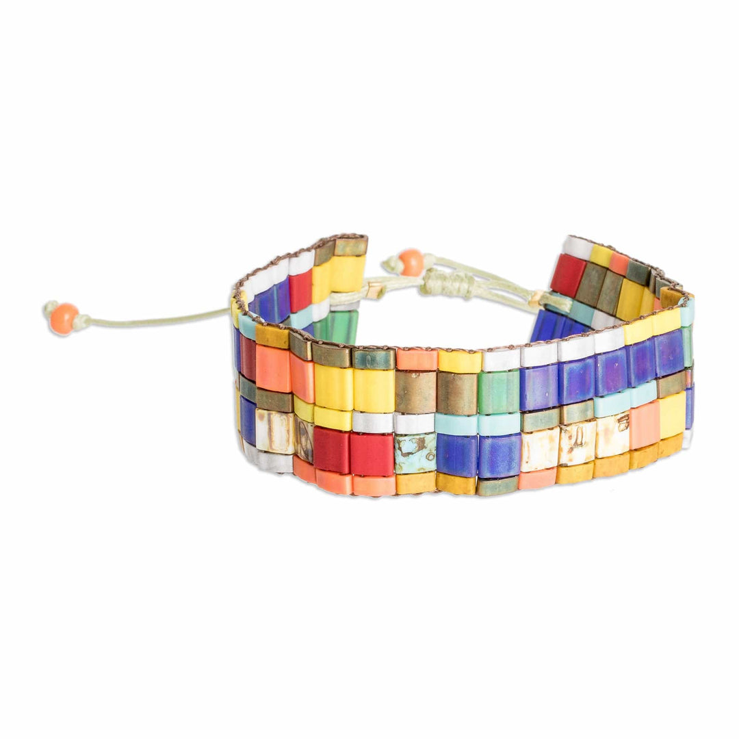 Colorful Mosaic Style Glass Beaded Wristband Bracelet - Colorful Tiles