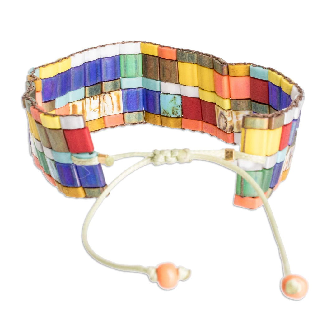 Colorful Mosaic Style Glass Beaded Wristband Bracelet - Colorful Tiles