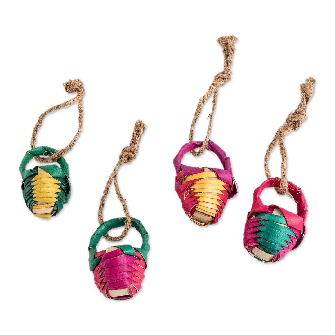Set of 4 Green and Fuchsia Natural Fiber Basket Ornaments - Sweet Customs