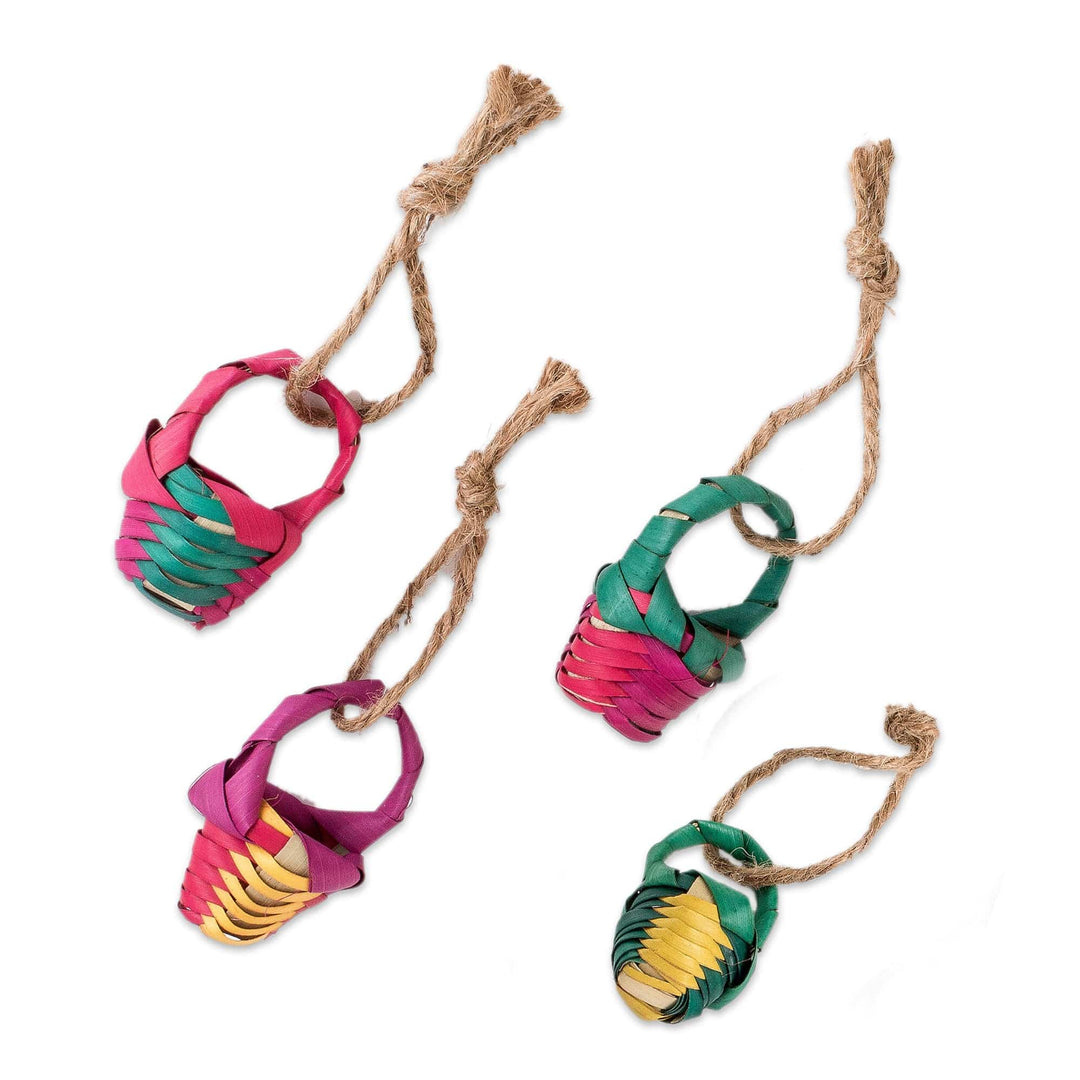 Set of 4 Green and Fuchsia Natural Fiber Basket Ornaments - Sweet Customs
