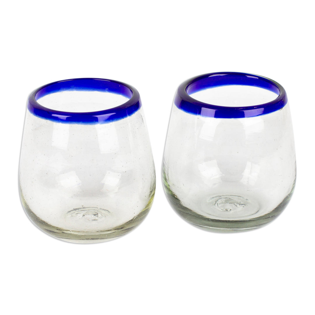 Cobalt Blue and Clear Handblown Stemless Wine Glasses (Pair) - Cobalt Day