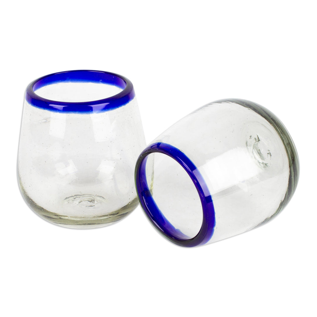 Cobalt Blue and Clear Handblown Stemless Wine Glasses (Pair) - Cobalt Day