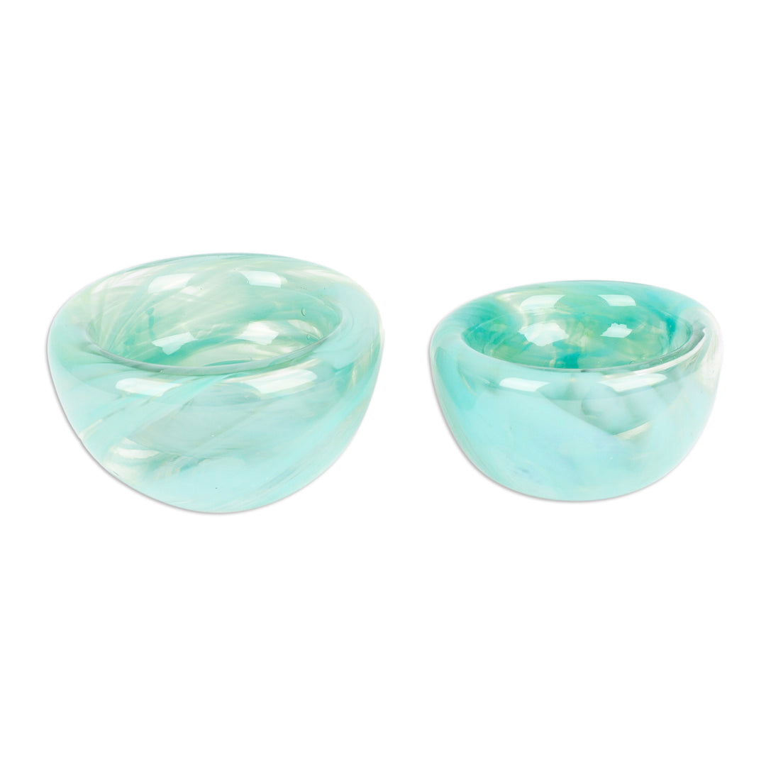 Handblown Patterned Mint Recycled Glass Bowls (Set of 2) - Flavors in Mint