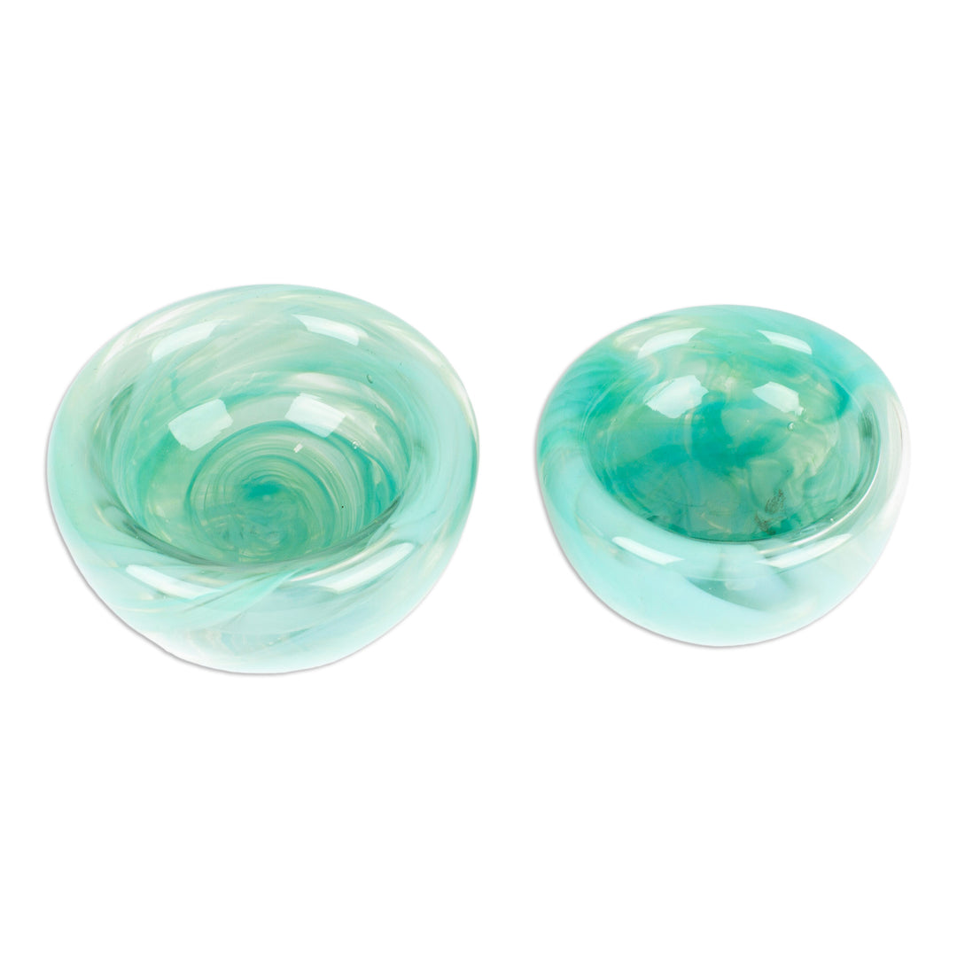 Handblown Patterned Mint Recycled Glass Bowls (Set of 2) - Flavors in Mint
