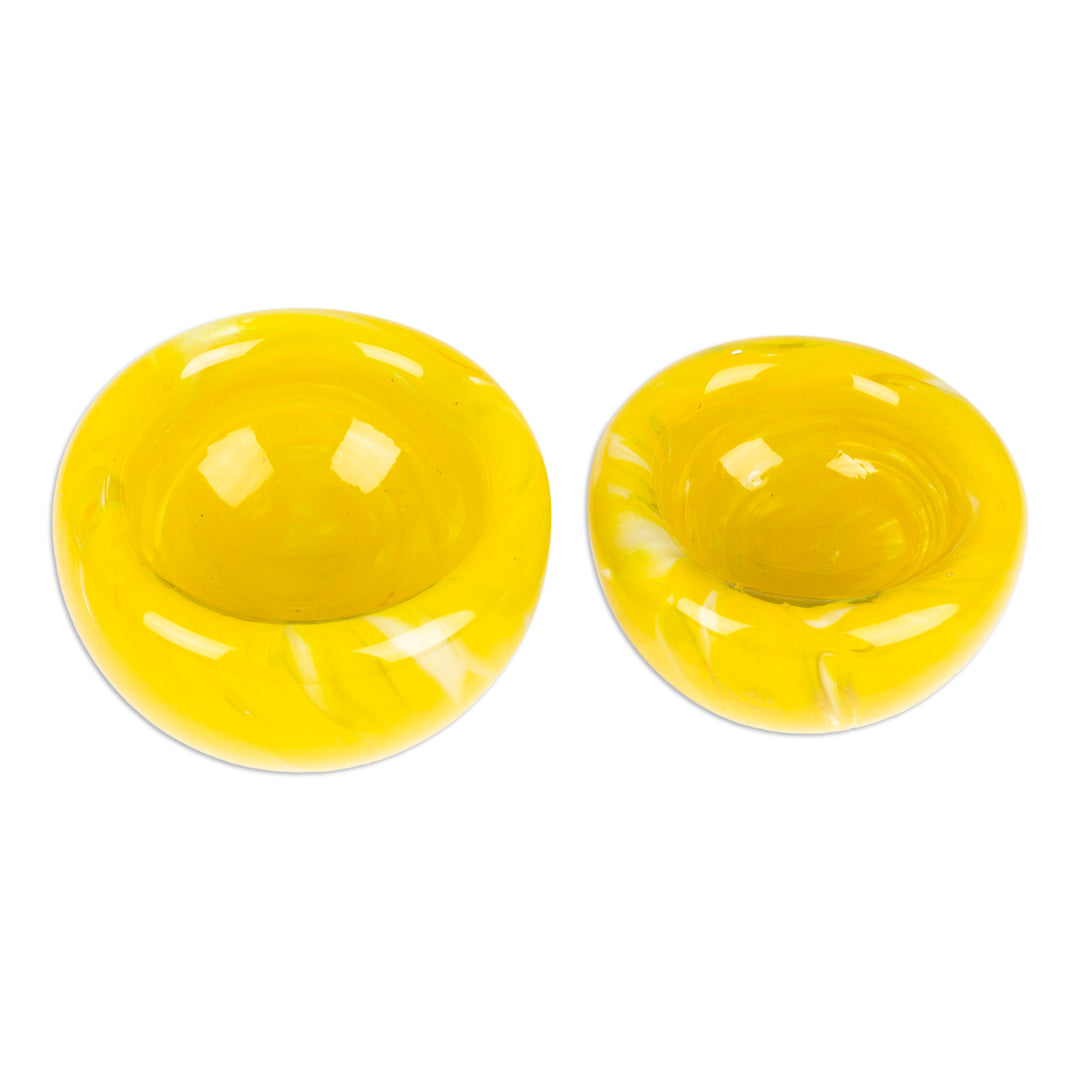 Handblown Patterned Yellow Recycled Glass Bowls (Set of 2) - Flavors in Summer