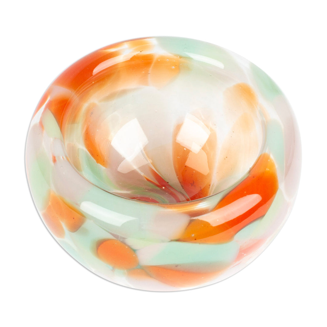 Handblown Patterned Orange and White Glass Dessert Bowl - Flavors in Autumn