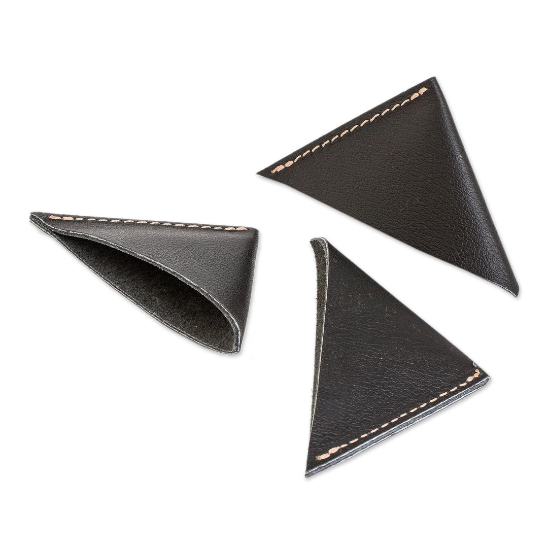 Set of Three Handcrafted Black Leather Corner Bookmarks - Words and Reflections