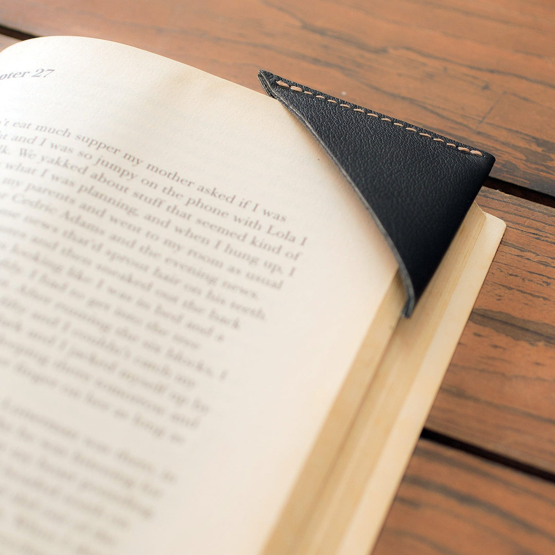 Set of Three Handcrafted Black Leather Corner Bookmarks - Words and Reflections