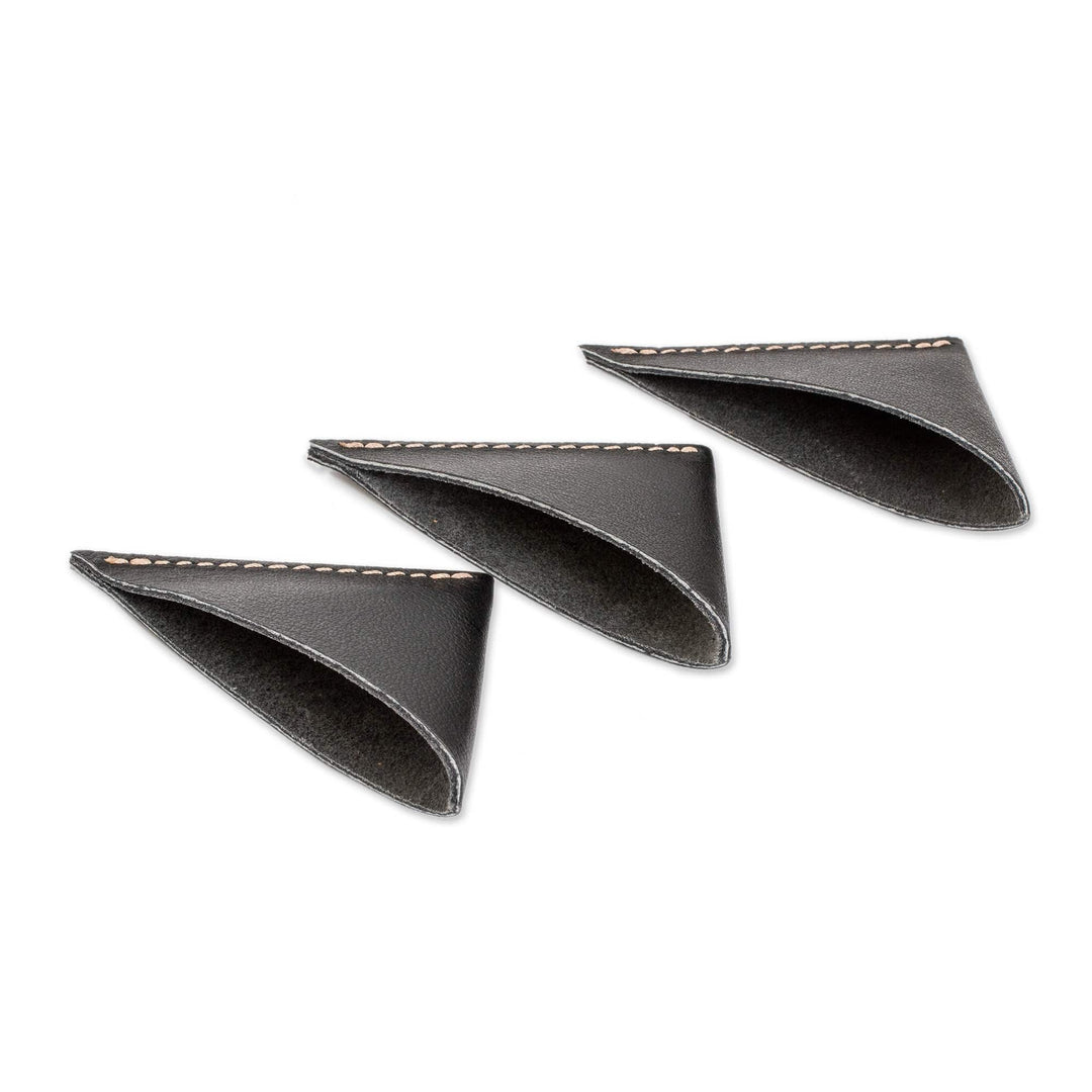 Set of Three Handcrafted Black Leather Corner Bookmarks - Words and Reflections