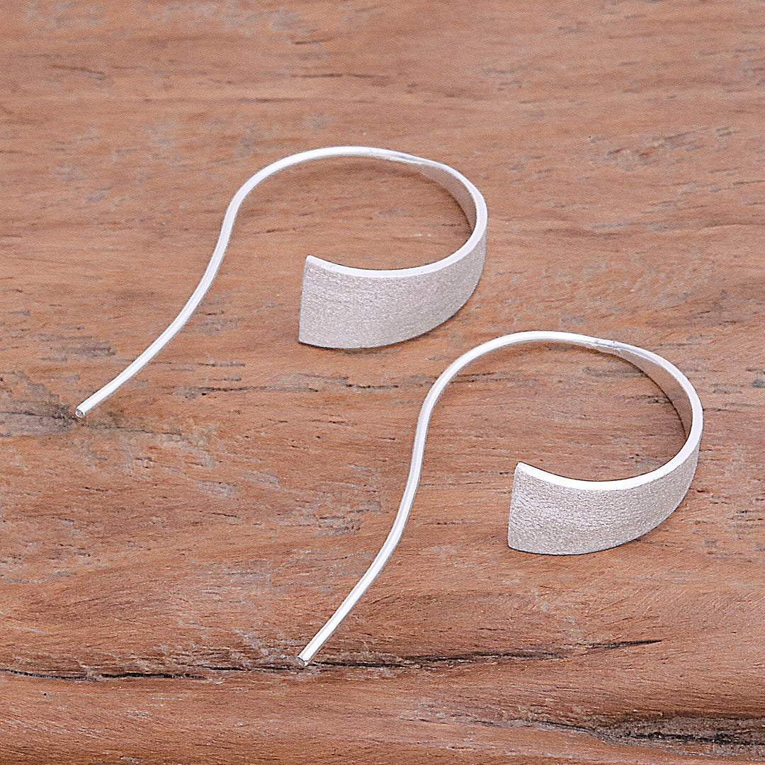 Modern Brushed Satin Sterling Silver Curved Drop Earrings - Curved Triangle