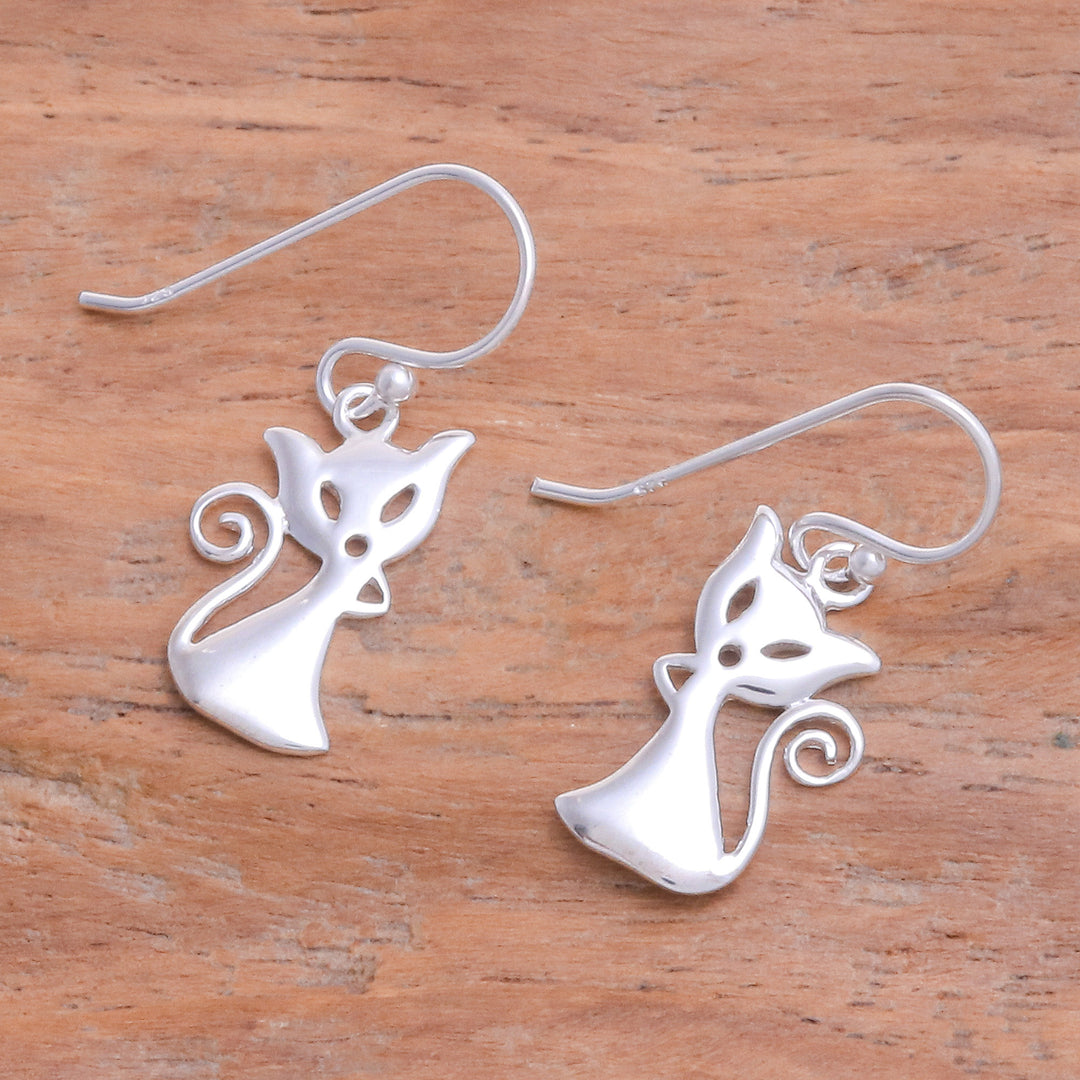 Cat-Shaped Sterling Silver Dangle Earrings from Thailand - Cat Appeal