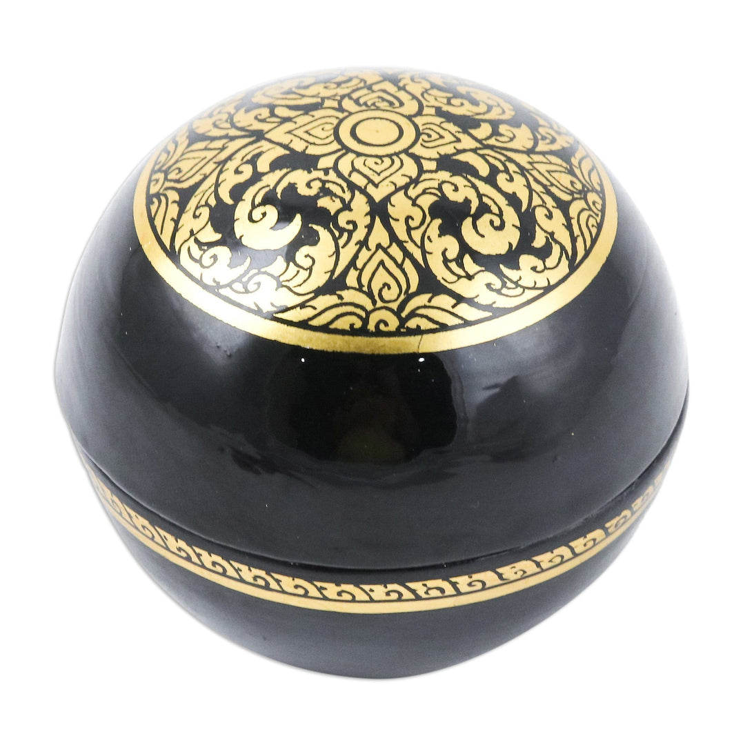 Lacquered Floral Patterned Round Mango Wood Decorative Box - Thai Triumph