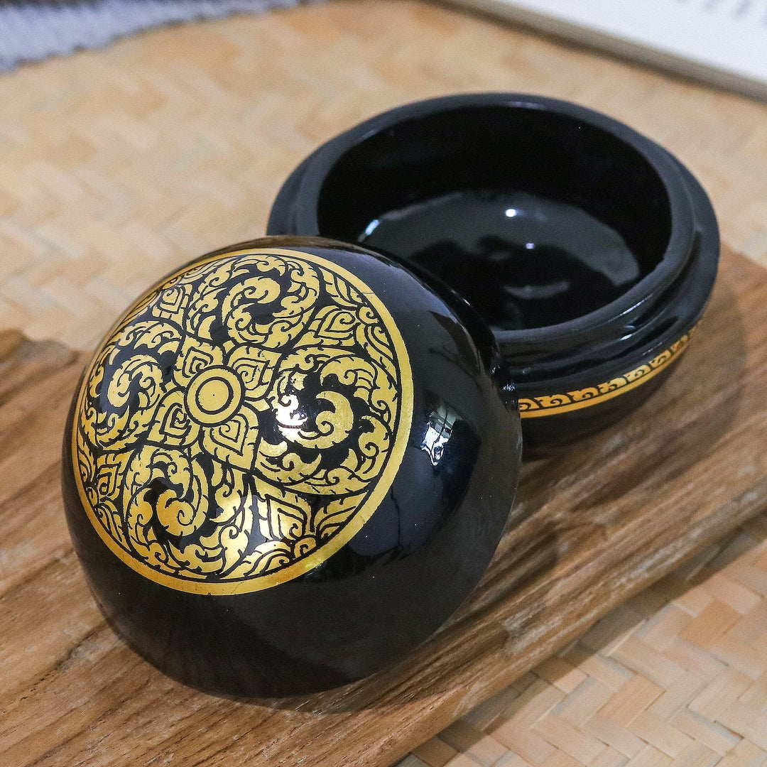 Lacquered Floral Patterned Round Mango Wood Decorative Box - Thai Triumph