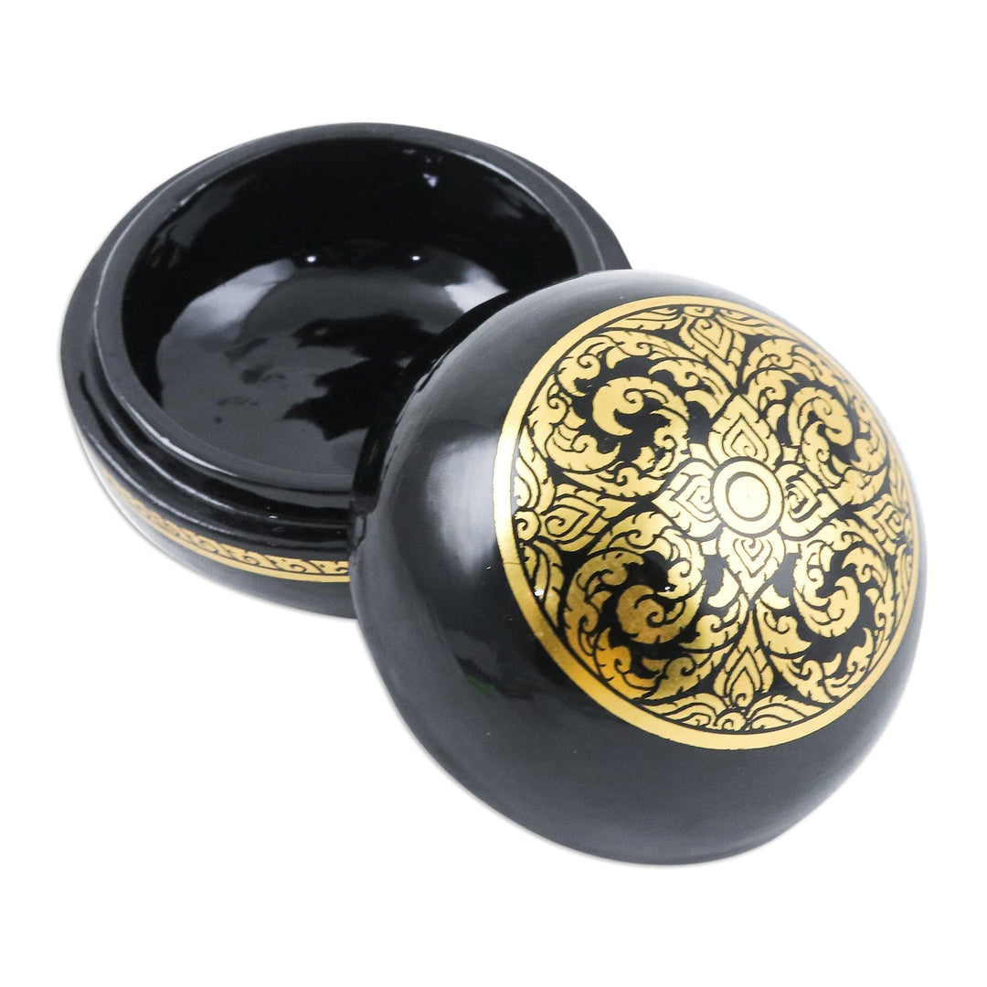 Lacquered Floral Patterned Round Mango Wood Decorative Box - Thai Triumph