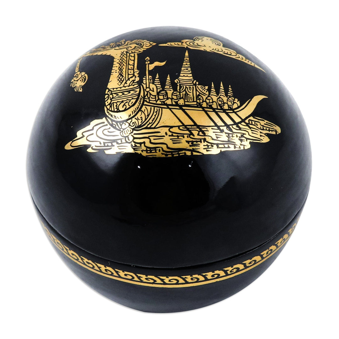 Lacquered Suphannahong-Themed Round Wood Decorative Box - Thai Epic
