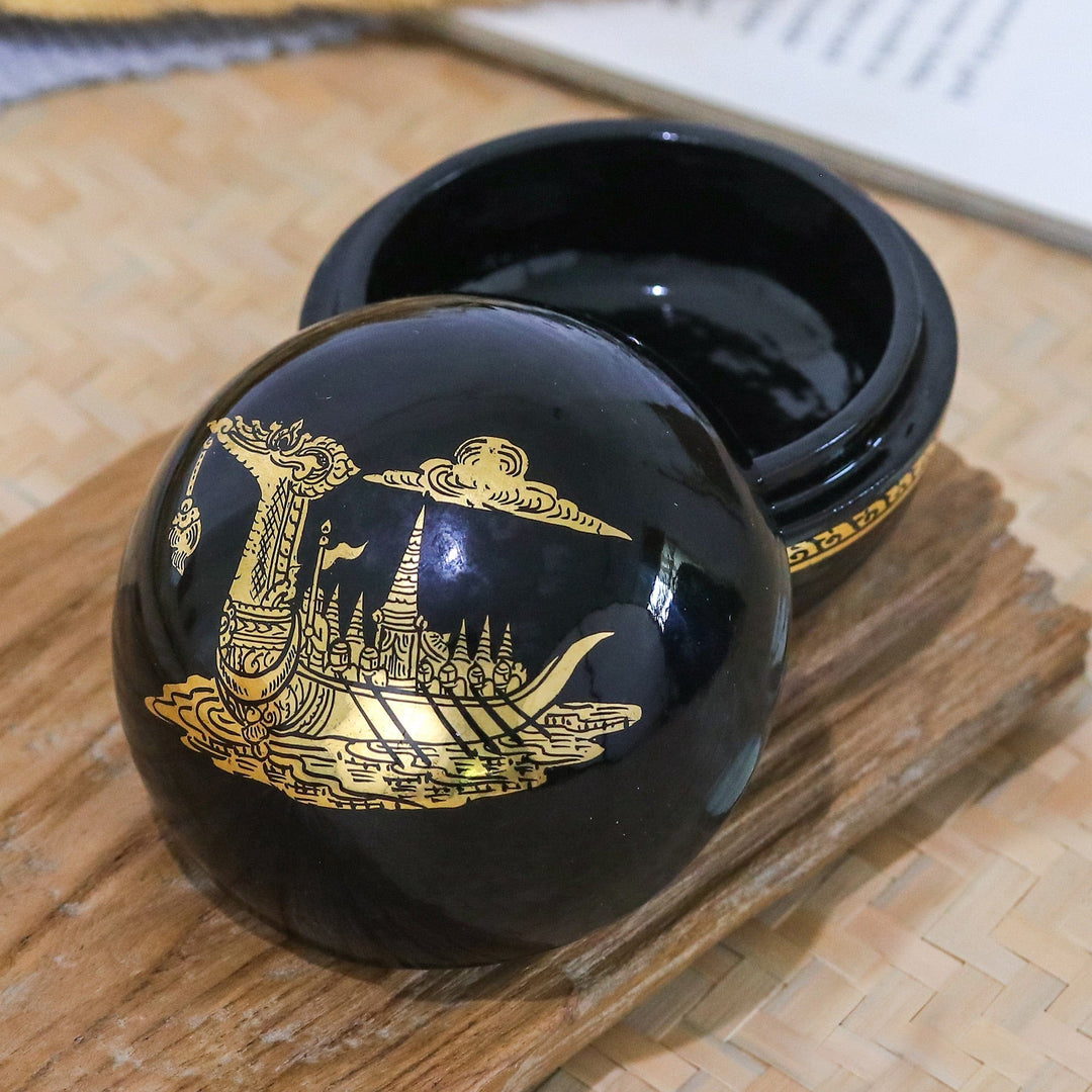 Lacquered Suphannahong-Themed Round Wood Decorative Box - Thai Epic
