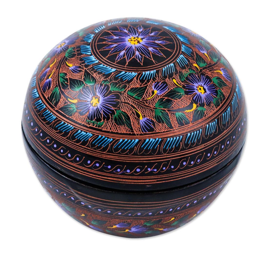 Floral Painted Brown, Purple and Blue Round Decorative Box - Blooming Utopia