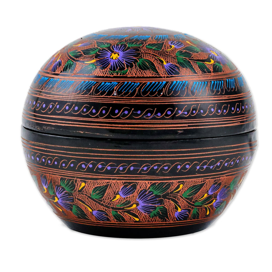 Floral Painted Brown, Purple and Blue Round Decorative Box - Blooming Utopia